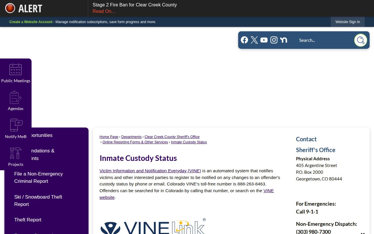 Clear Creek County Inmate Custody Status page pointing to VINE