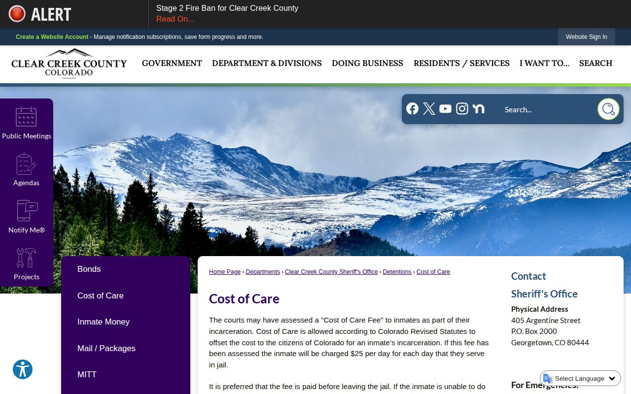 Clear Creek County Cost of Care page