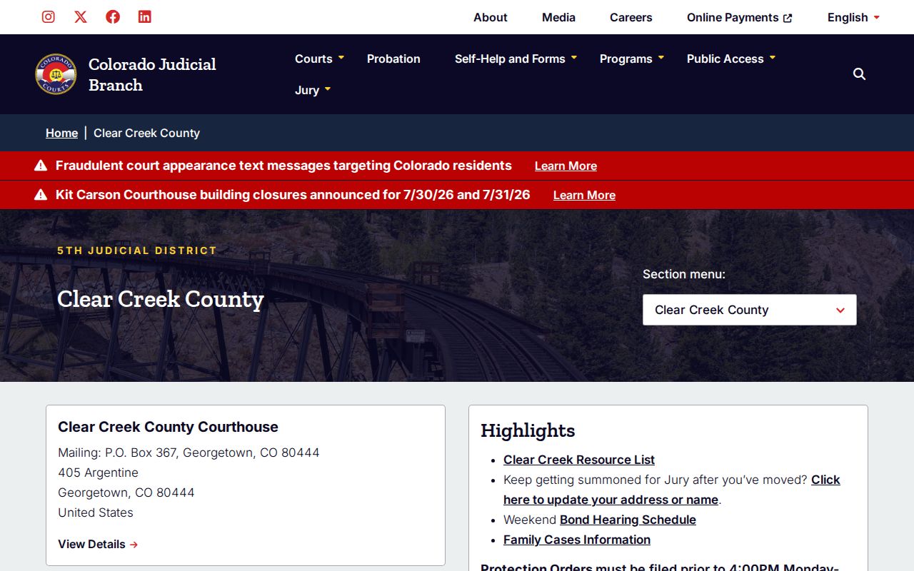 Colorado Judicial Branch Clear Creek County page