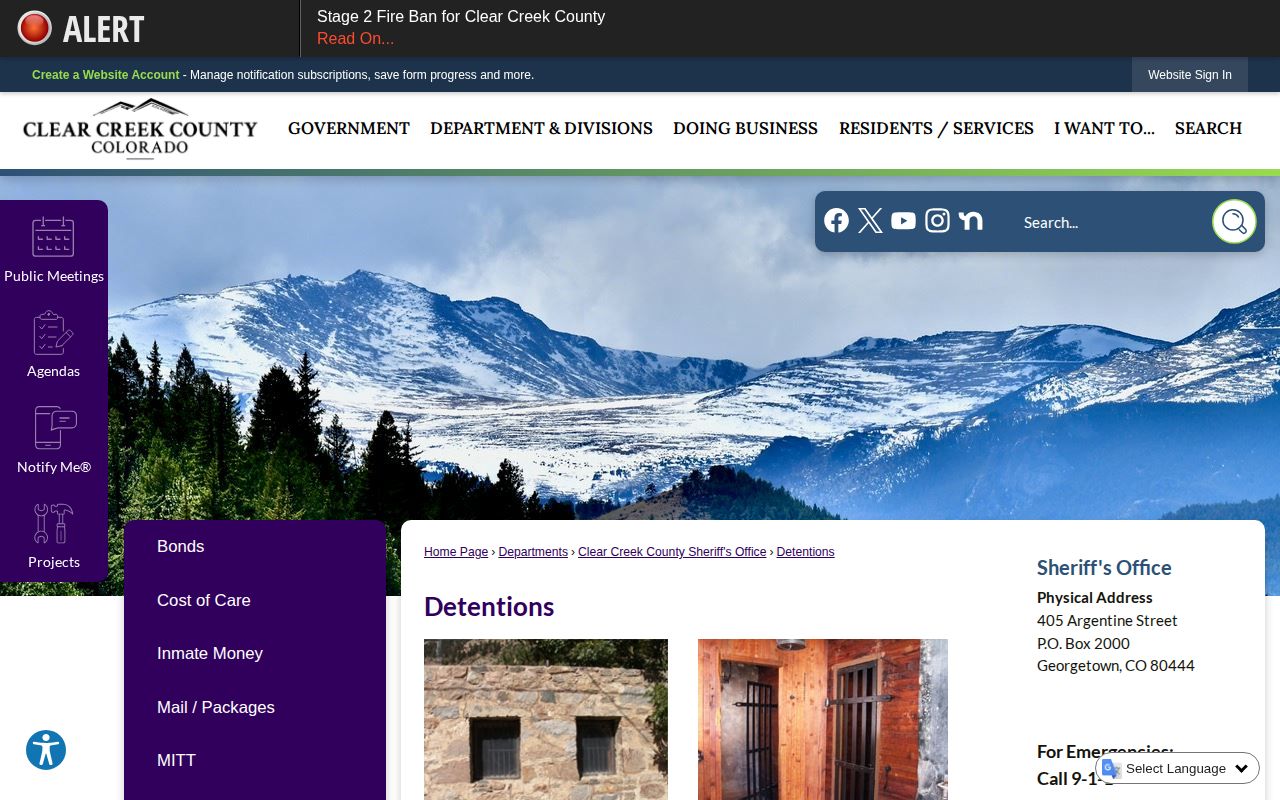 Clear Creek County Sheriff's Detentions page