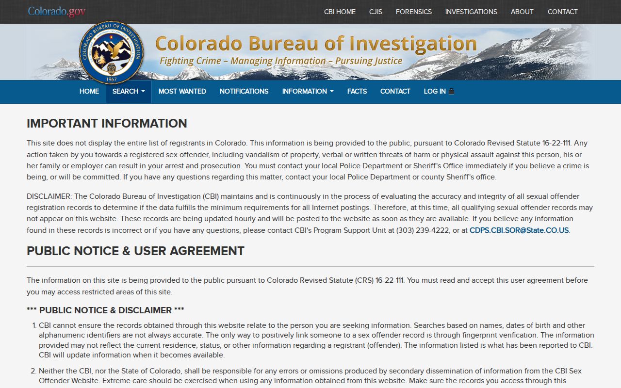 Colorado Bureau of Investigation registry search agreement relevant to registry photo limits