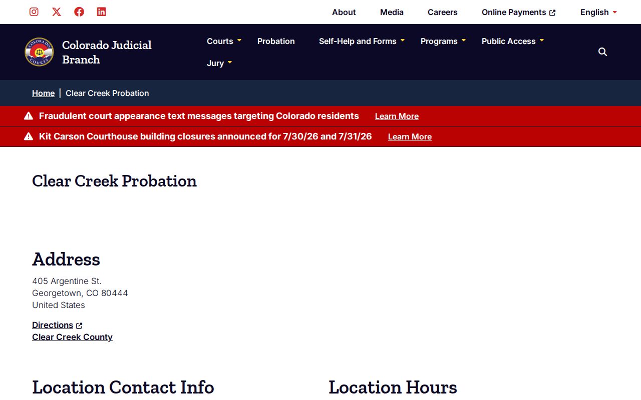 Clear Creek Probation location page