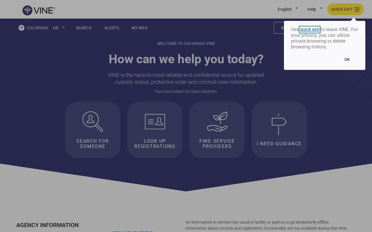 Colorado VINE portal for custody status and release notifications