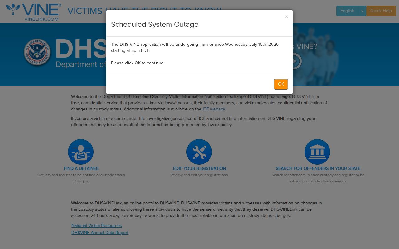 VINELink national portal for inmate custody checks